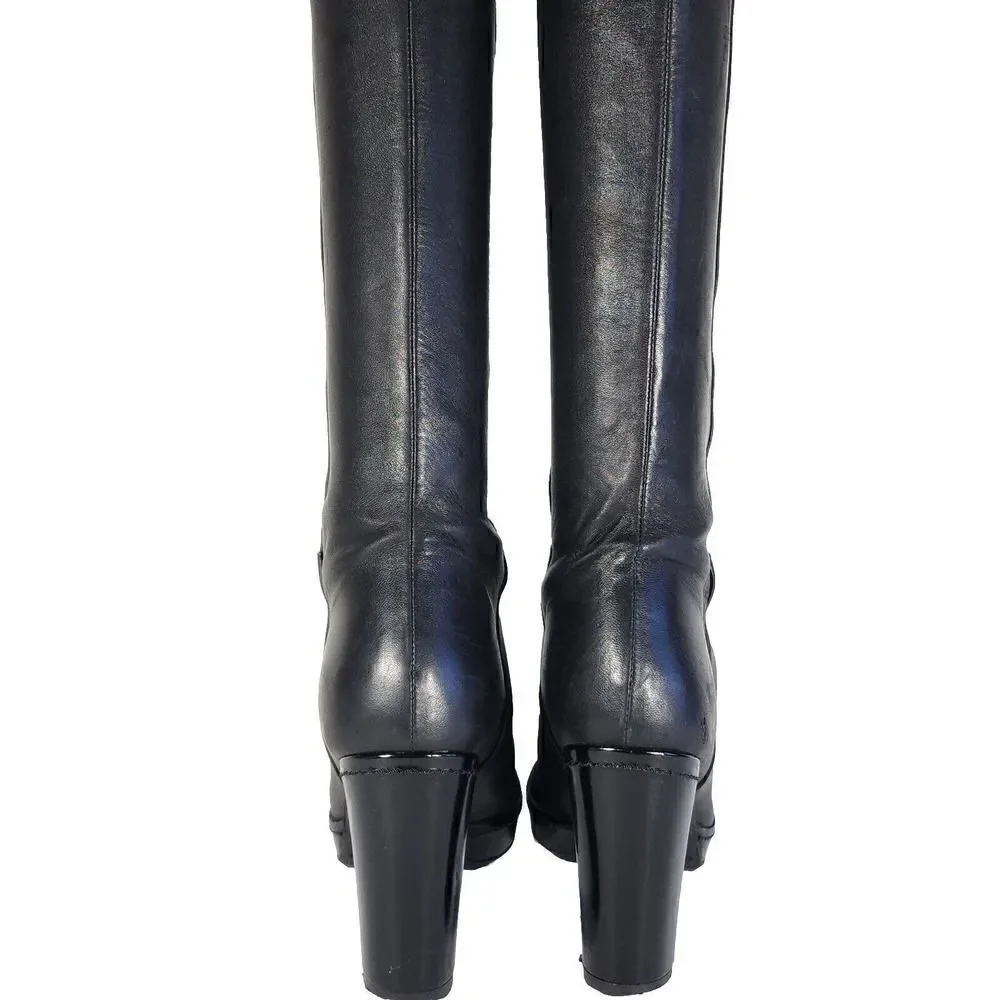 Stuart Weitzman Women's US7,5-8 Black Leather Buckle Heel PullOn Over Knee Boots
